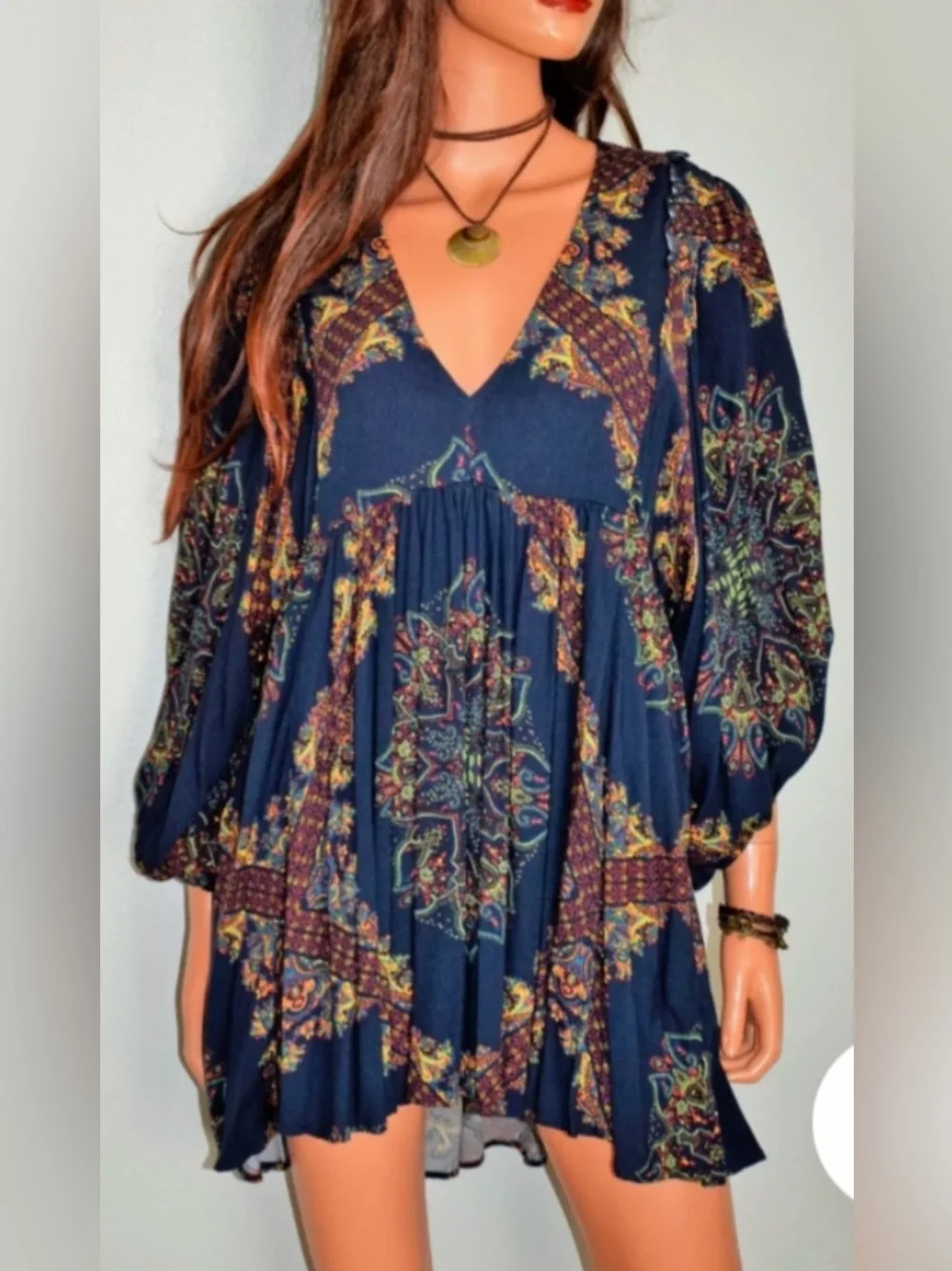 FREE PEOPLE BLUE & GREEN FLORAL PAISLEY BALLOON SLEEVES TUNIC MINI DRESS BOHO